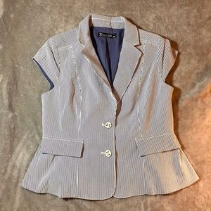 Y2k Striped Office Siren Mini Blazer Top Cap Sleeve Blue 7th Avenue Ruffle Sz 6